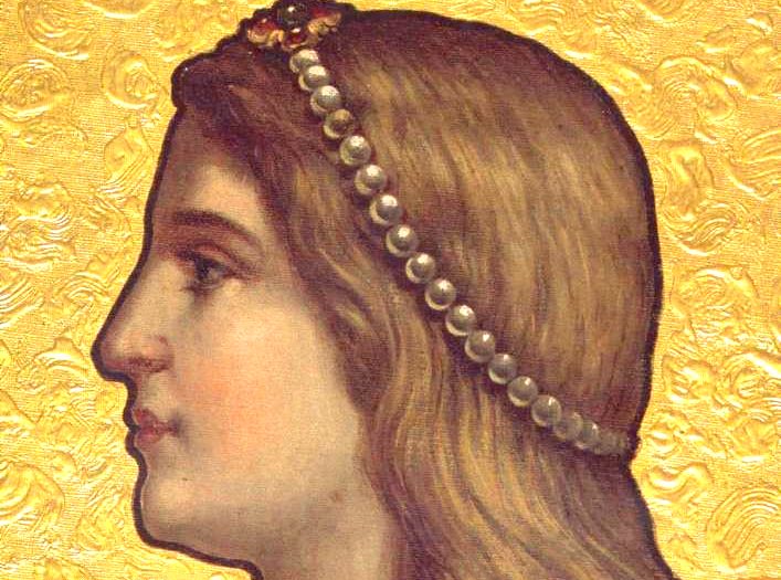 Imagem da D. Inês de Castro na Quinta da Regaleira. Sobre fundo amarelo dourado uma Inês de perfil com joias na cabeça
