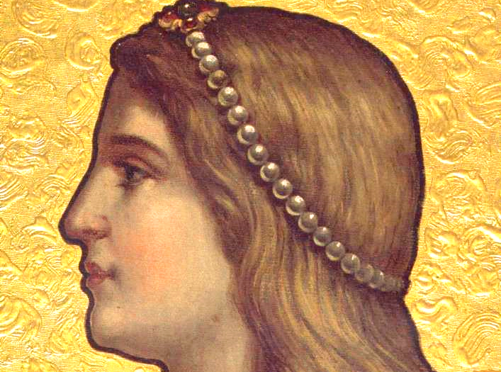 Imagem da D. Inês de Castro na Quinta da Regaleira. Sobre fundo amarelo dourado uma Inês de perfil com joias na cabeça