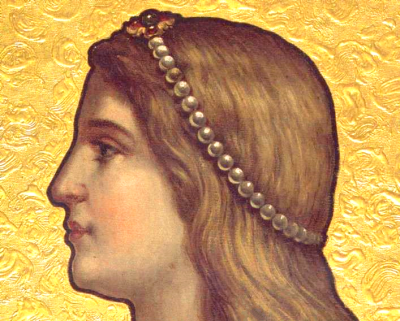 Imagem da D. Inês de Castro na Quinta da Regaleira. Sobre fundo amarelo dourado uma Inês de perfil com joias na cabeça