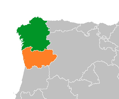 Mapa destacando Eurorregião Galiza norte de portugal
