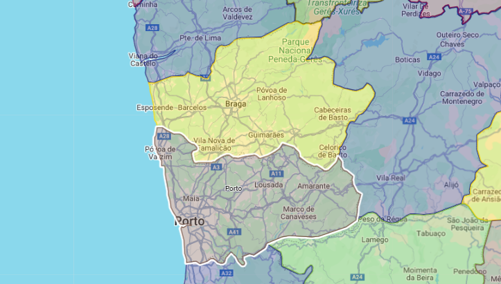 Distritos de Braga e Porto num mapa