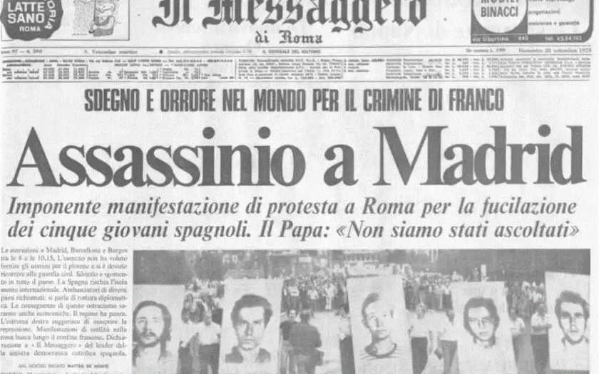 Manchete do jornal italiano Il Messaggero di Roma de 1975 : "Assassinio a Madrid"