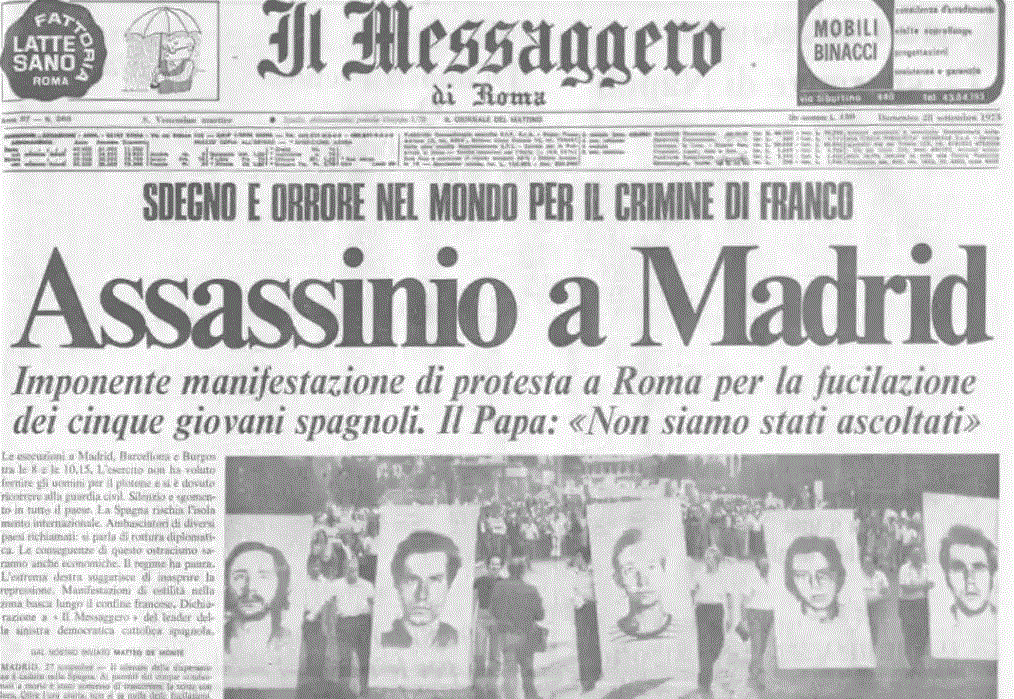 Manchete do jornal italiano Il Messaggero di Roma de 1975 : "Assassinio a Madrid"