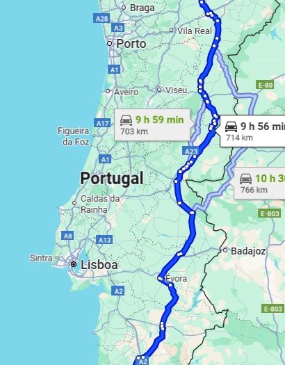 mapa do trajeto Chaves- Faro pela IP2