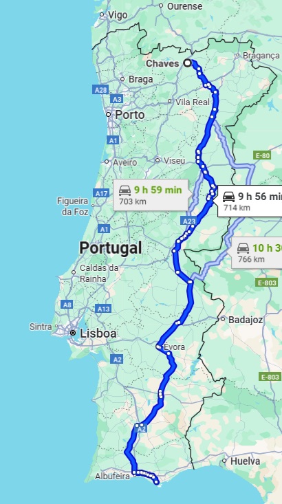mapa do trajeto Chaves- Faro pela IP2