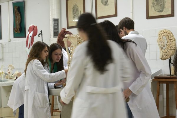 estudantes medicina com robe branco de pé arredor duma mesa de estudo numa sala com órgãos medicinais