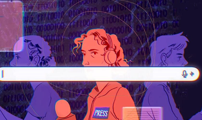 jornalistas por trás dum espaço de preencher de motor de pesquisa