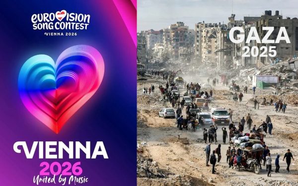 cartaz do festival eurovisão com imagens de Gaza destruída ao lado