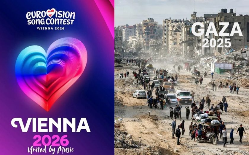 cartaz do festival eurovisão com imagens de Gaza destruída ao lado