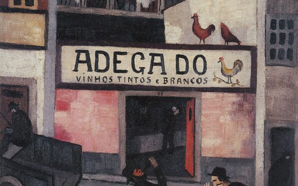 Quadro a óleo Adega do Galo, com pessoas a vomitar à porta da Adega e um galo por cima do rótulo