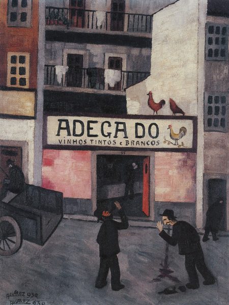 Quadro a óleo Adega do Galo, com pessoas a vomitar à porta da Adega e um galo por cima do rótulo