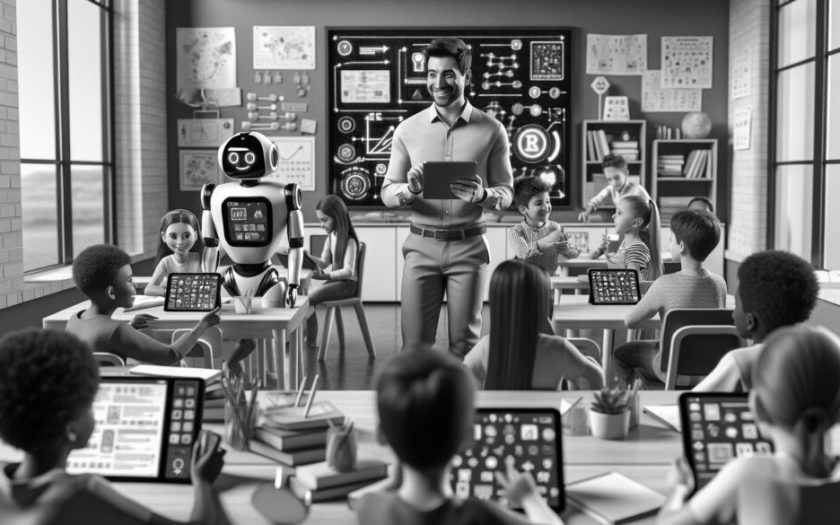 imagem de IA duma escola cheia de ecrãs e um robot