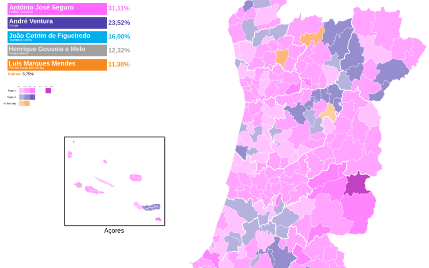 mapa portugal com cores a representar as escolhas dos eleitores