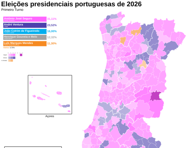 mapa portugal com cores a representar as escolhas dos eleitores