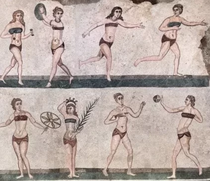 mosaico grego de mulheres a praticar desportos