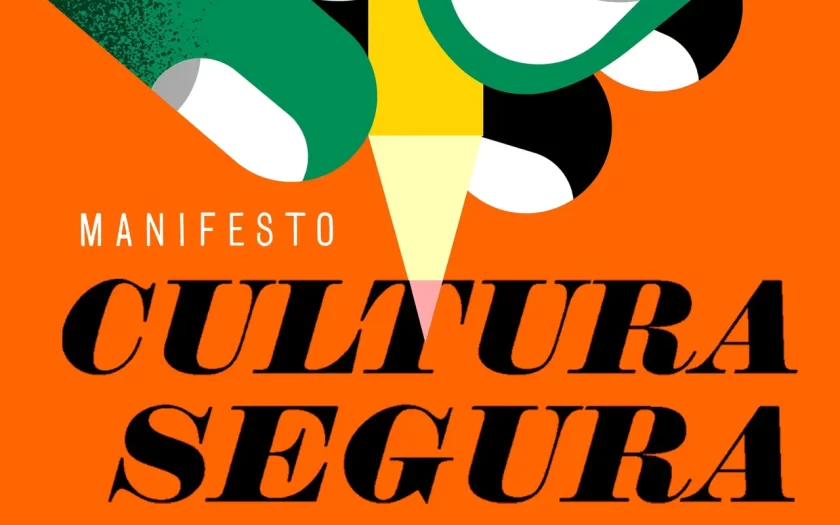 imagem gráfica de apoio ao manifesto, design com mãos de muitas cores a segurarem uma caneta sob fundo laranja