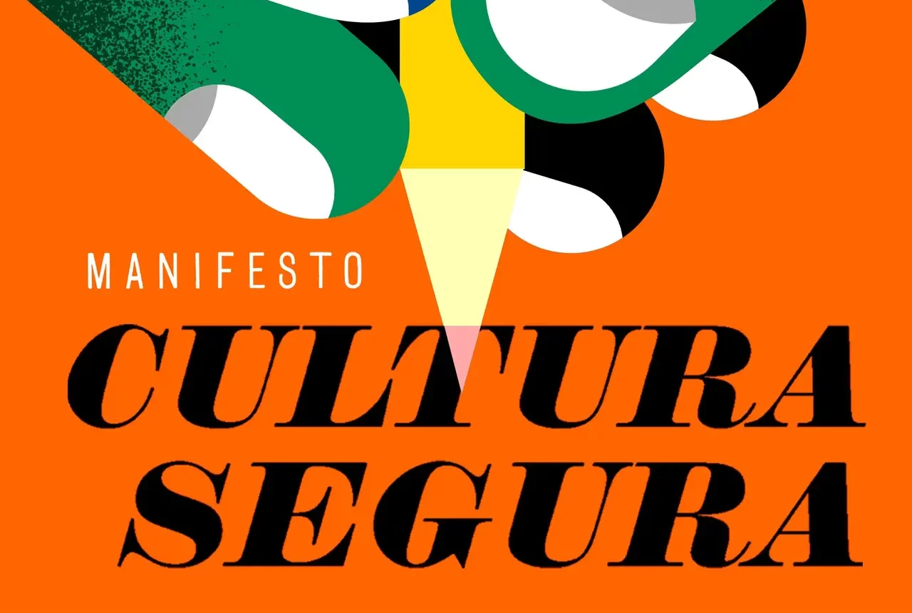 imagem gráfica de apoio ao manifesto, design com mãos de muitas cores a segurarem uma caneta sob fundo laranja