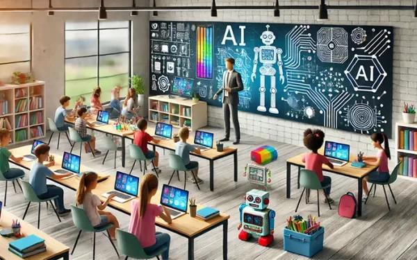 imagem IA com crianças numa escola hiperconetada com milhares de ecrãs