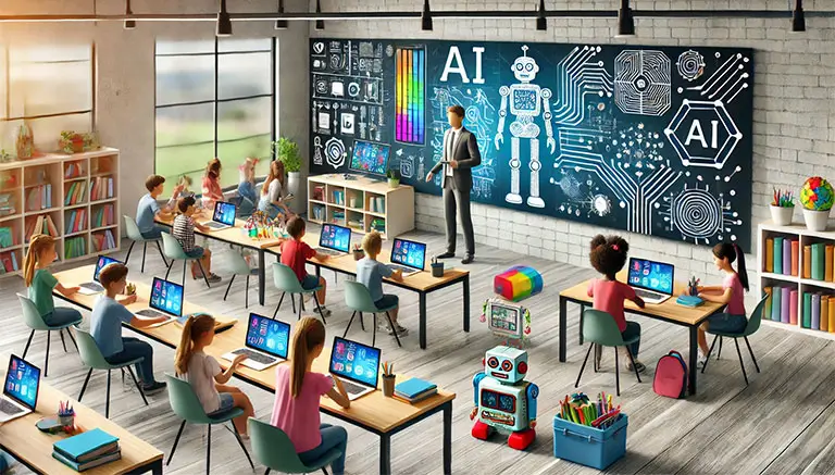 imagem IA com crianças numa escola hiperconetada com milhares de ecrãs