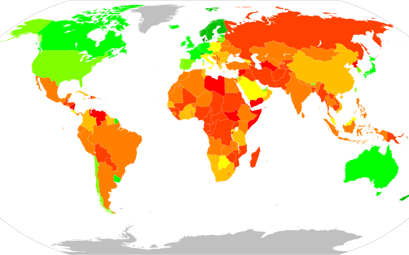 corrupçao em 2023 num mapa político a cores de verde a vermelho