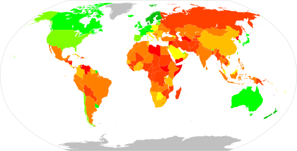 corrupçao em 2023 num mapa político a cores de verde a vermelho