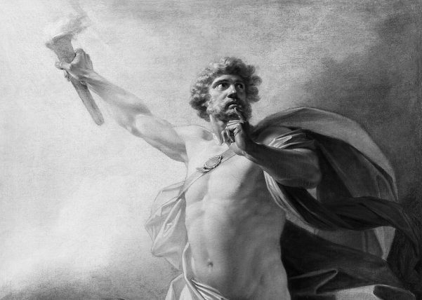 prometeu pensativo com um dedo no lábio