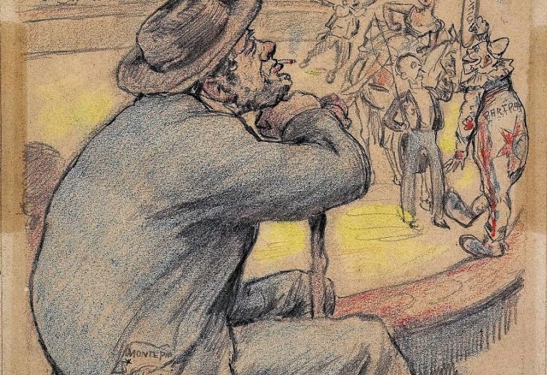 o eterno espectador desenho a cores do zé povinho a ver o circo