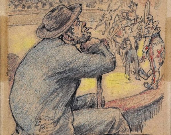 o eterno espectador desenho a cores do zé povinho a ver o circo