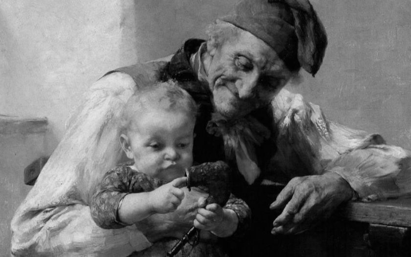 quadro antigo em que um avô observa o seu neto no colo a brincar com a sua pipa de fumar