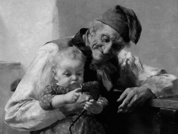 quadro antigo em que um avô observa o seu neto no colo a brincar com a sua pipa de fumar