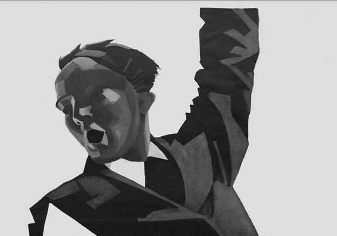 desenho de um homem, a gritar com o braço levantado e uma pasta de couro baixo o braço