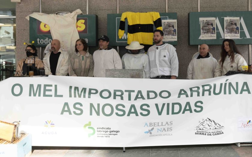 pessoas por trás duma faixa com legenda "O mel importado arruína as nossas vidas"