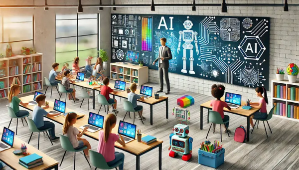 imagem IA com crianças numa escola hiperconetada com milhares de ecrãs