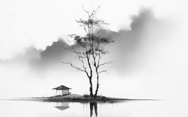 pintura oriental a mostrar uma cabana e uma árvore numa pequena ilha no meio dum lago de águas mansas